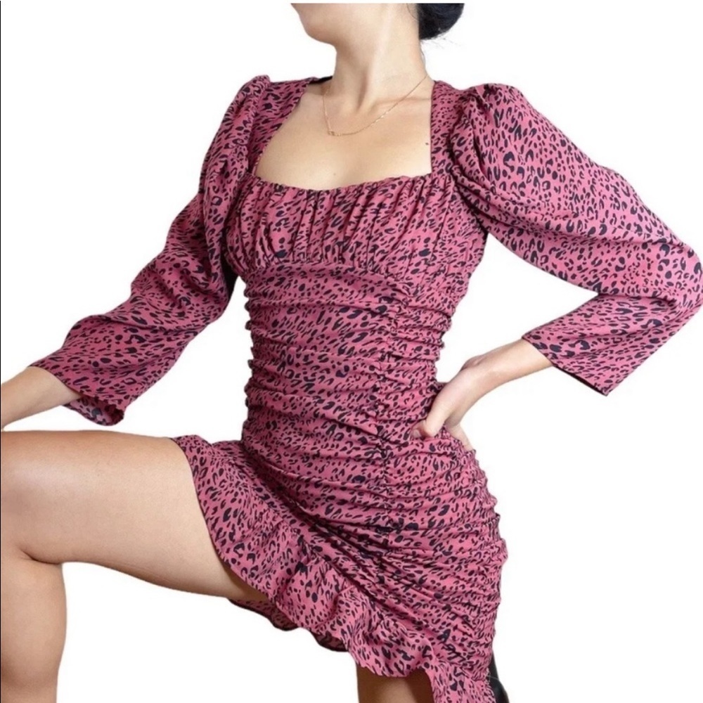 NWT Zara Pink Leopard Print Ruched Mini Dress XS